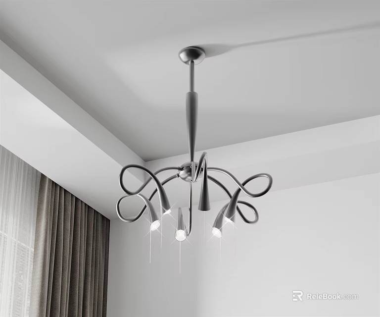 Modern Chandelier With Curved Metal Structure And Multiple Lights In White Ceiling Gray Curtains Interior 3d model 