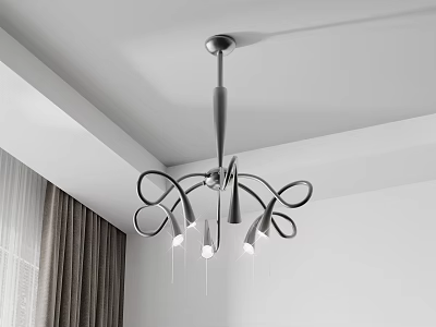 Modern Chandelier With Curved Metal Structure And Multiple Lights In White Ceiling Gray Curtains Interior 3d model