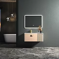Modern Wall-Mounted Bathroom Cabinet With Framed Mirror Pendant Lights Natural Plant And Bathtub