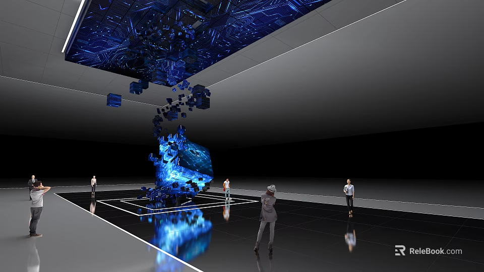 Blue Digital Art Installation With Floating Cubes And People In Modern Exhibition Space 3d model 