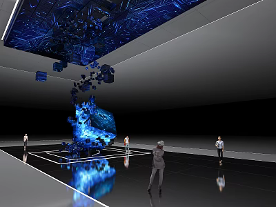 Blue Digital Art Installation With Floating Cubes And People In Modern Exhibition Space 3d model