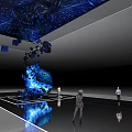 Blue Digital Art Installation With Floating Cubes And People In Modern Exhibition Space