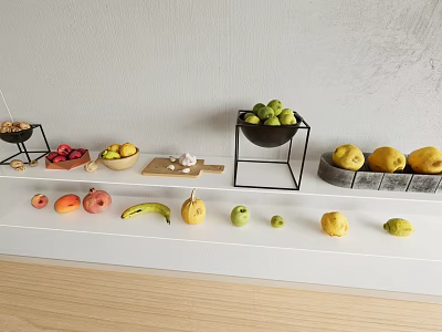 Fresh Assorted Fruits Display on White Countertop with Black Stand Bowls and Wooden Floor 3d model