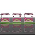 Pink Stalls With White Striped Awnings Green Decorations And Flags With Reflections