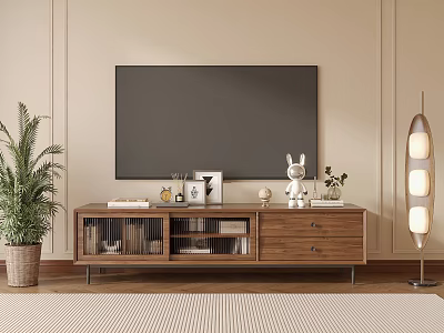 Wooden TV Stand On Light-Colored Wall With Flat Screen TV Decorative Items And Floor Lamp 3d model