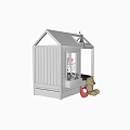 Cute Cabin Shaped Kids Bed With Skylight Stuffed Toys And Black White Polka Dot Bedding