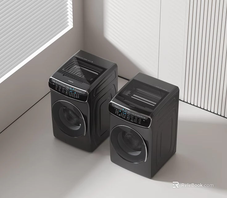 Two Black Modern Washing Machines With Digital Displays And Sleek Design In Bright Room 3d model 