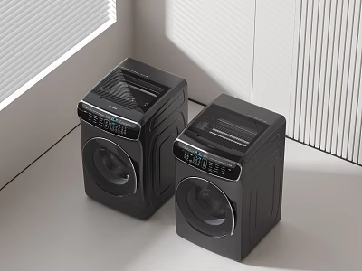 Two Black Modern Washing Machines With Digital Displays And Sleek Design In Bright Room 3d model