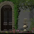 Arched Entrance Gate With Green Ivy Stone Wall Flower Beds And Decorative Fountain