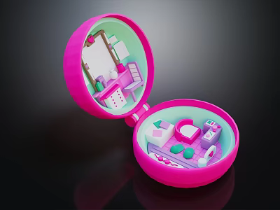 Open Pink Cartoon Scene Box Featuring Mini Dressing Table And Bed Furniture 3d model