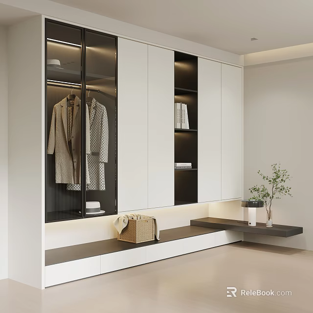 Modern Wardrobe With Glass Doors White Cabinets Hanging Clothes Open Shelves Bench And Plant 3d model 
