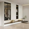 Modern Wardrobe With Glass Doors White Cabinets Hanging Clothes Open Shelves Bench And Plant