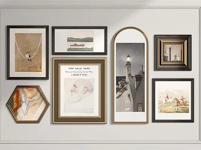 Assorted Framed Wall Artworks On White Wall With Various Styles And Shapes 3d model