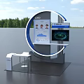 Circular Display Shelves with Digital Screens and White Platforms against Blue Sky and Green Landscape