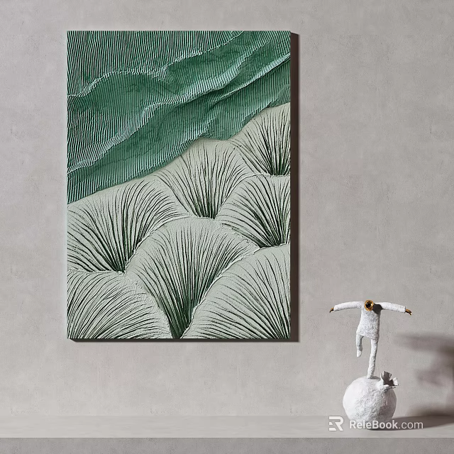 Green Wavy Texture Wall Art With White Small Sculpture In Interior Decor 3d model