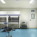 Cleanroom Interior With White Walls Blue Flooring Metal Workbench And Storage Cabinets