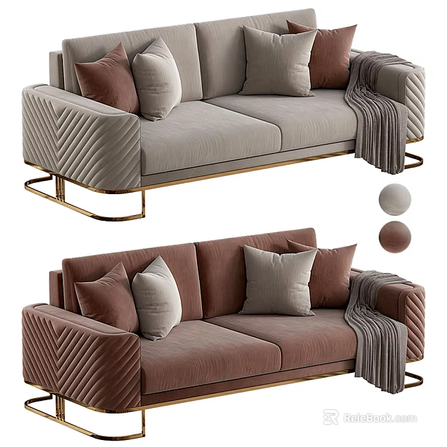 Modern Two Seater Sofa With Gray Brown Upholstery Gold Legs Pillows And Throw Blanket 3d model 