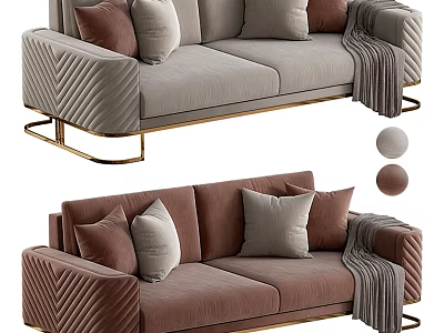 Modern Two Seater Sofa With Gray Brown Upholstery Gold Legs Pillows And Throw Blanket 3d model