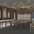 Elegant Jewelry Store Interior with Wooden Walls Glass Display Cases Circular Display Table and Lighting