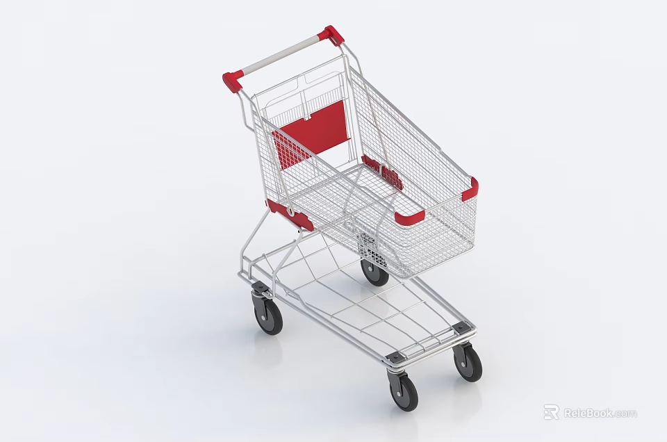 Public Facility Shopping Cart With Metal Frame Red Handles And Wheels 3d model 