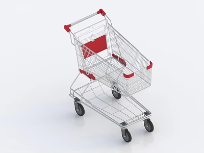 Public Facility Shopping Cart With Metal Frame Red Handles And Wheels 3d model