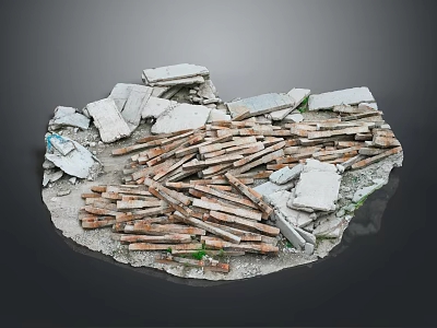 Building Ruins Scene With Scattered Broken Bricks And Weathered Wooden Planks 3d model