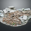 Building Ruins Scene With Scattered Broken Bricks And Weathered Wooden Planks