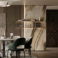 Modern Elegant Restaurant Interior Design With Round Table Green Chairs Marble Wall And Hanging Lamp