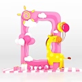 Pink Frame Photo Spot With Sun Clouds Balloons And Yellow Giraffe Gift Boxes Striped Base 3d model