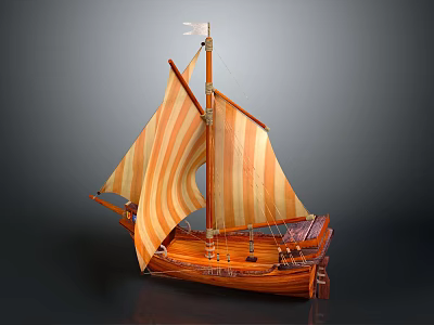 Wooden Sailboat Model With Orange And White Striped Sails And Mast 3d model