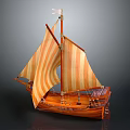 Wooden Sailboat Model With Orange And White Striped Sails And Mast