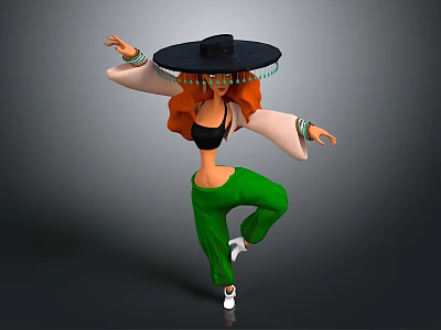 Game and Movie Character With Red Hair Black Wide Brim Hat Green Pants Dancing Pose 3d model
