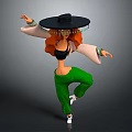 Game and Movie Character With Red Hair Black Wide Brim Hat Green Pants Dancing Pose