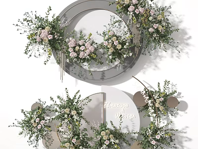 Elegant Circular Floral Arrangement With Pink White Flowers Green Leaves And Vase Decor 3d model