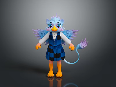 Cartoon Animal Character With Blue Head Yellow Eyes Purple Gradient Wings And Blue Plaid Vest 3d model