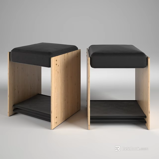 Two Piece Wooden Frame Sofa Stools with Black Padded Seats and Storage Shelf Design 3d model 