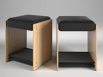 Two Piece Wooden Frame Sofa Stools with Black Padded Seats and Storage Shelf Design 3d model