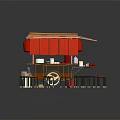Food Cart With Orange Canopy Red Curtains Countertop Items And Stools Around