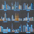 Vibrant City Skyline Artworks Showcasing Various Global Urban Landmarks with Distinct Architectural Silhouettes