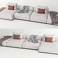Modern Light Colored Sectional Sofa With Throw Pillows Blankets And Wooden Armrests 3d model