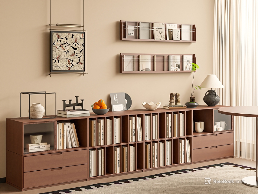 Modern Wooden Bookcase With Drawers Open Shelves Books Decorative Items And Table Lamp 3d model 