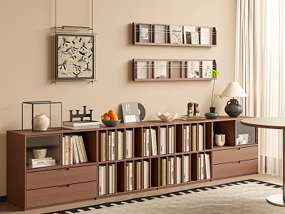 Modern Wooden Bookcase With Drawers Open Shelves Books Decorative Items And Table Lamp 3d model