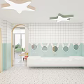 Kindergarten Interior Design With Blue Beige Walls Wooden Decor Round Pendant Lights Kids Play Area