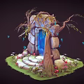 Enchanting Cartoon Scene With Magical Stone Gate Glowing Blue Door Tree Butterflies Stone Steps Flowers