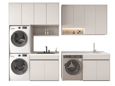 Modern Bathroom Cabinetry with Washing Machine Sink and Storage Space Design 3d model