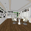 Beauty Hair Salon Interior With White Styling Chairs Mirrors Product Shelves And Wooden Flooring