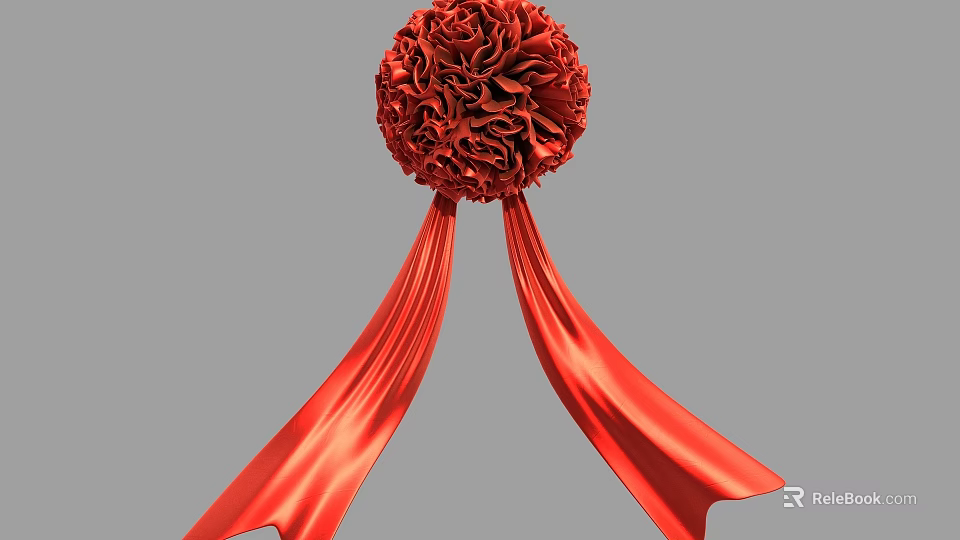 Red Silk Rosette Decoration With Flowing Ribbons On Gray Background 3d model