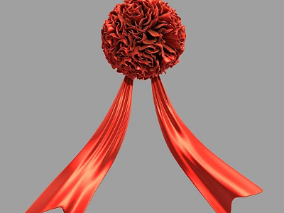 Red Silk Rosette Decoration With Flowing Ribbons On Gray Background 3d model