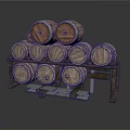 Vintage Stacked Wooden Barrels On Wooden Rack For Household Storage Use