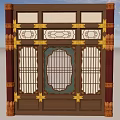 Traditional Chinese Wooden Partition With Lattice Grille Golden Accents And Blue Central Panel
